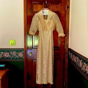 Champagne colored lace gown with sheer jacket, 100% polyester, dry clean only